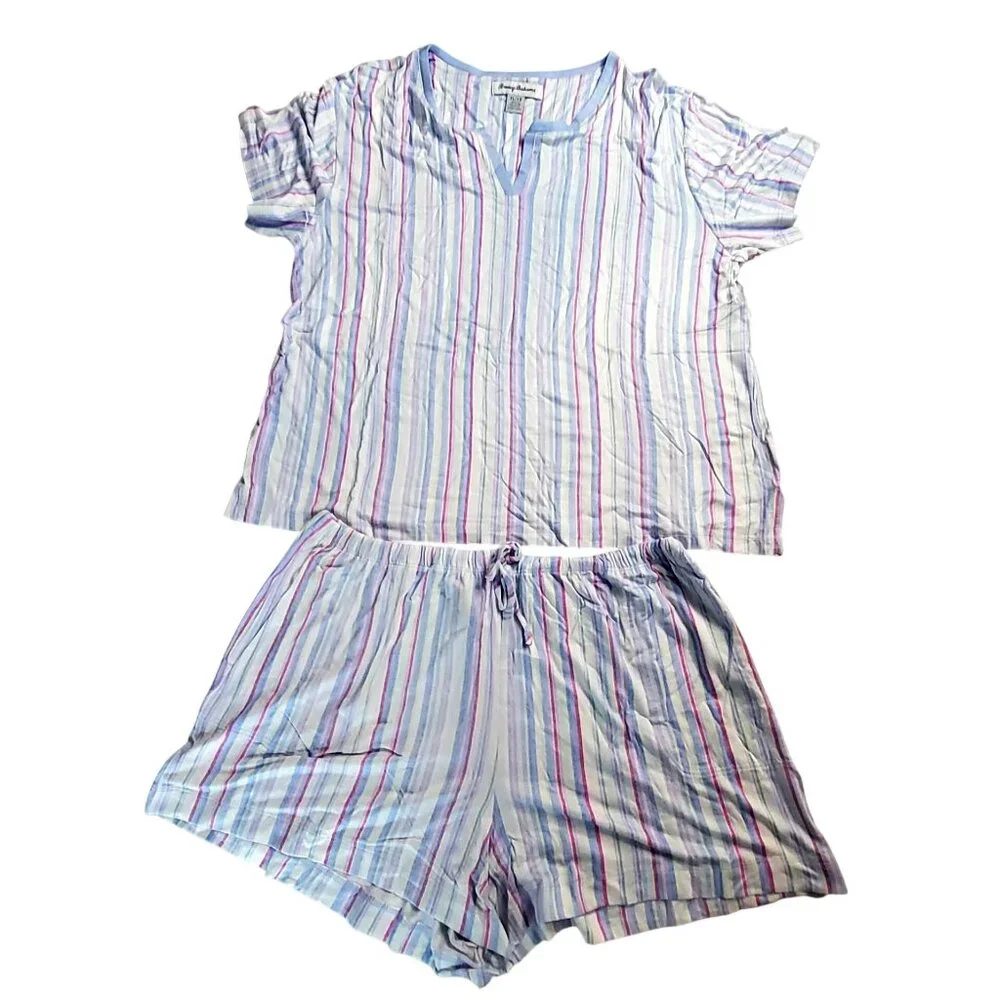 Tommy Bahama Womens Size XL Short Sleeve Cotton Pajama Set Striped Blue/Pink - Picture 1 of 16